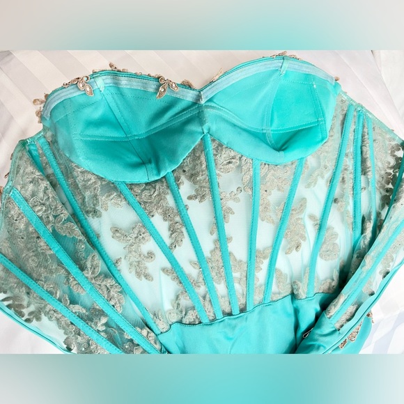 Prom Gown Glow by Colors Size 6, Tiffany Turquoise with Rose Gold Lace Bodice - Picture 13 of 17